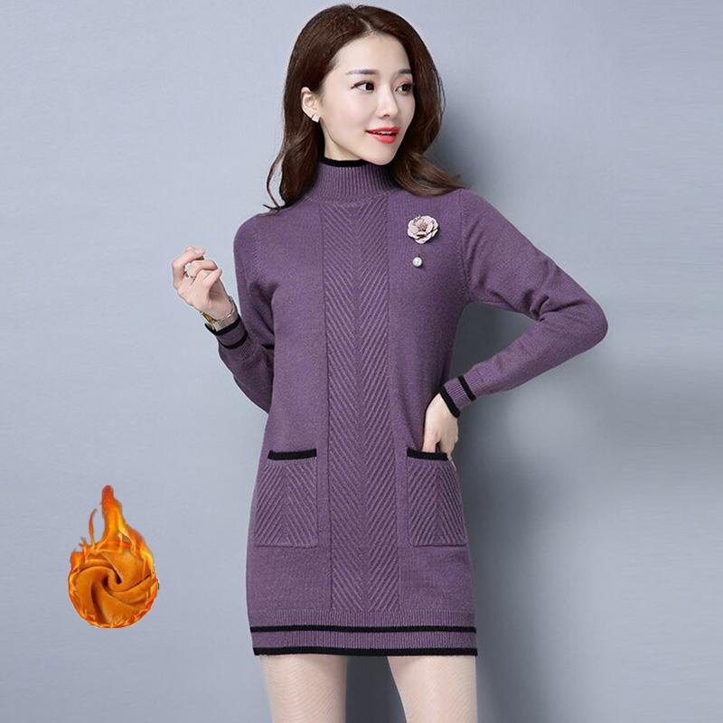 Autumn and Winter Core Yarn Plus Velvet Sweater Loose Korean Knit Sweater Half Turtleneck Neck Mid-length Sweater Skirt