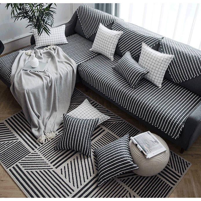 Black and White Cotton Sofa Cover Geometric Non-slip Sofa Towel Couch Cover for Corner Sofa-Cover