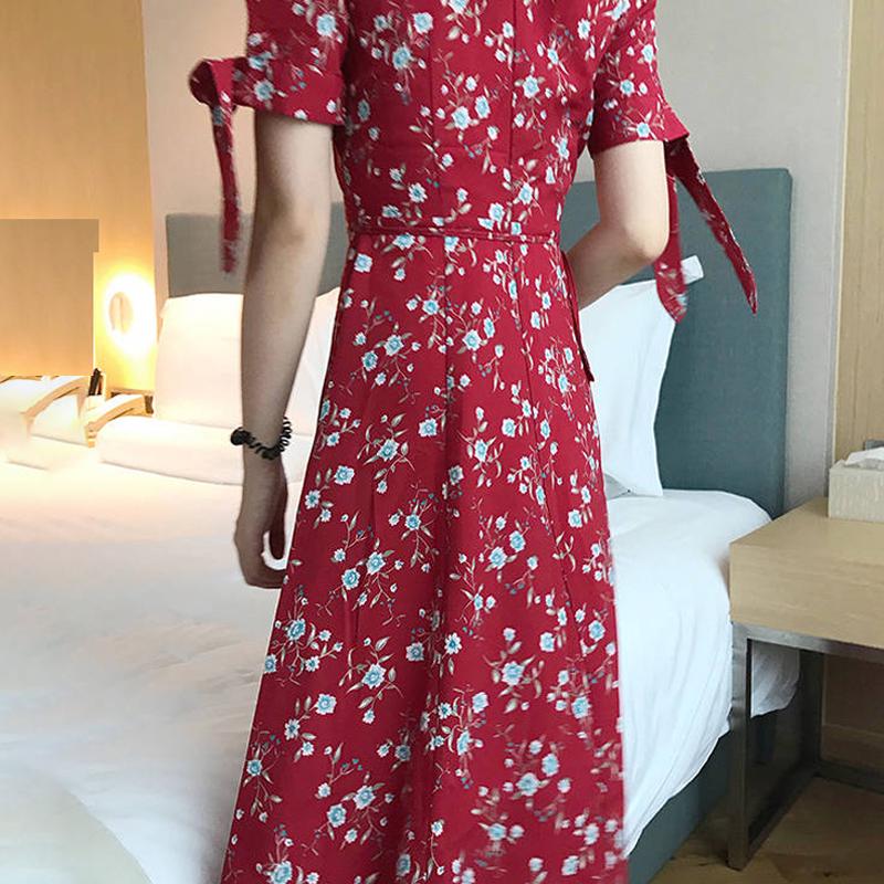 Summer Women Ruffled Split V-collar Short Sleeve Dress Floral Prints Irregular Holiday Vestidos