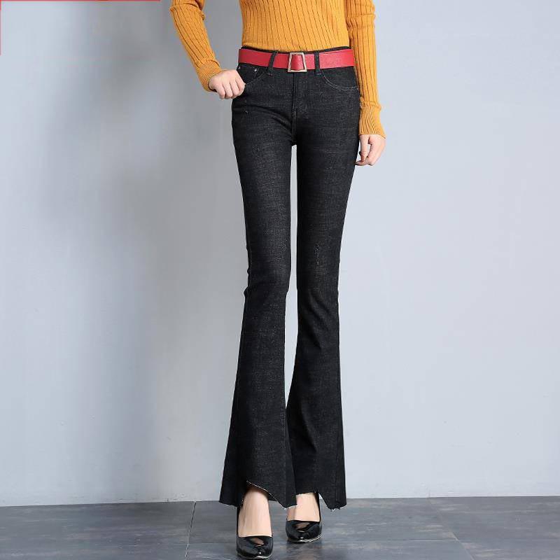 Plus Size Big Long Stretch jeans For Women Wide Leg Fringe Stretch Skinny Flare Denim pants