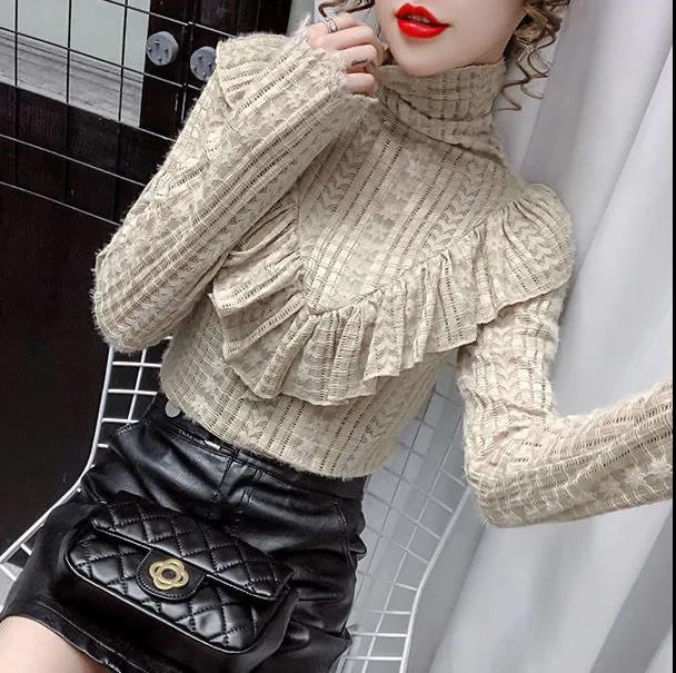 Brushed Lace Bottoming Shirt Women's Turtleneck Mesh Lace Top Slim Fit Slim Short Pullover