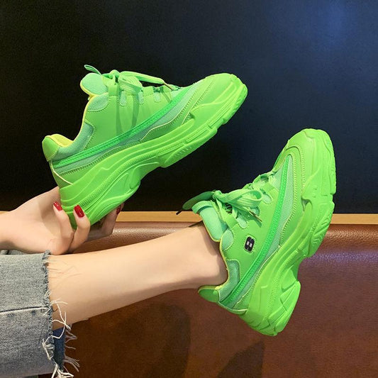 Fluorescent green daddy shoes female ins tide net red double mesh surface thick bottom sports shoes