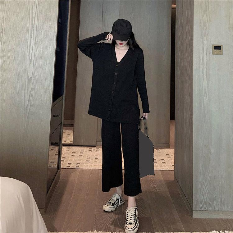 2PCS Women's Solid Color Suit Autumn and Winter Knitted V-neck Cardigan Jacket + Casual Straight Wide Leg Pants Two-piece Suit Loose Casual Sets