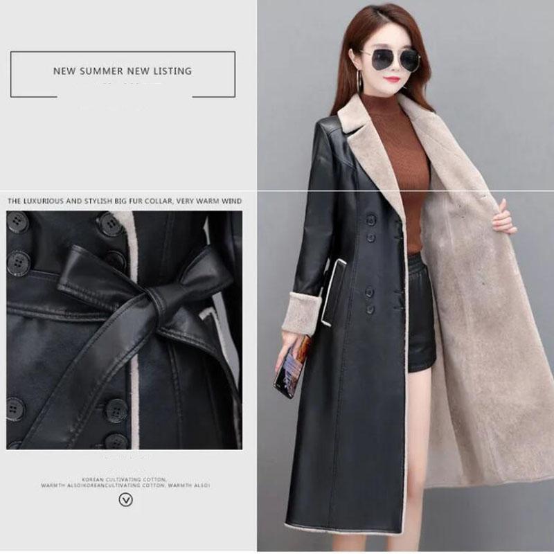 Leather Trench Coat Winter Long Sheepskin Coat Women Plus Velvet Thick Warm Leather Coat Black Overcoat with Faux Fur Inside