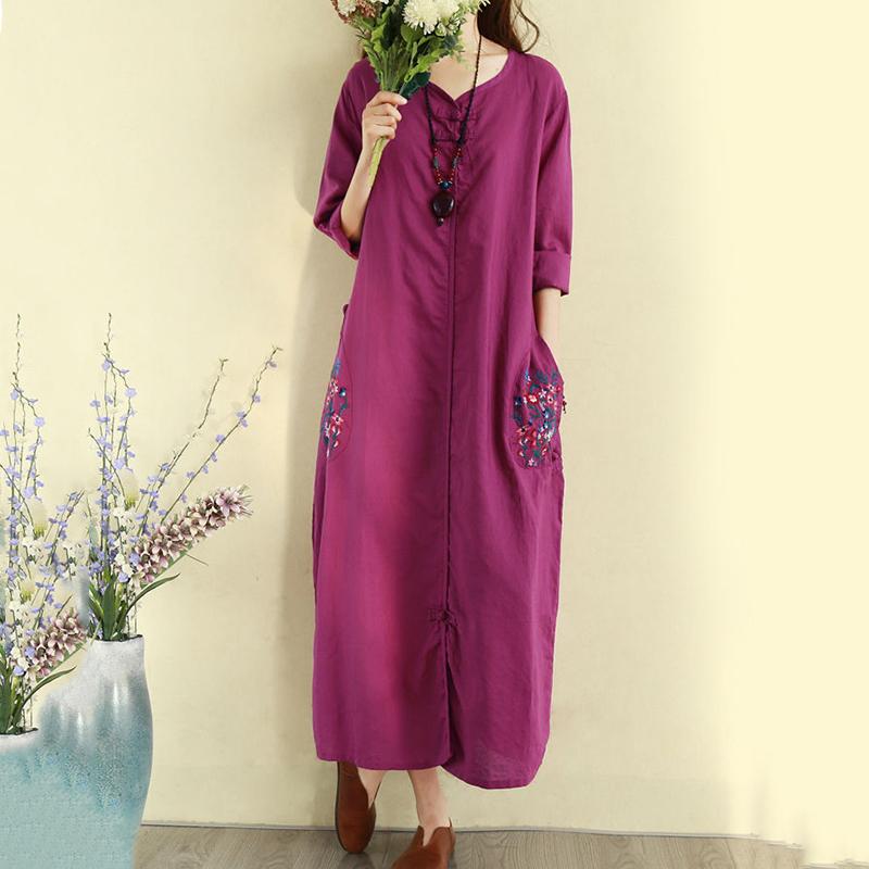 Retro Ethnic Style Cotton and Linen Embroidered Dress Long Full Length Buckle Loose Chinese Style