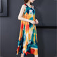 M-XXXXL Summer Ethnic Print Satin Fabric Dress Round Neck Mom Loose Slim Mid-length Vest Skirt Daily