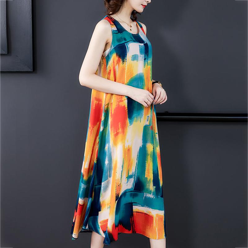 M-XXXXL Summer Ethnic Print Satin Fabric Dress Round Neck Mom Loose Slim Mid-length Vest Skirt Daily