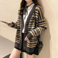 Autumn and Winter Retro Striped Knitted Sweater Loose Cardigan Large Size Blouse Elegant Jacquard Young and Middle-aged Ladies Jacket