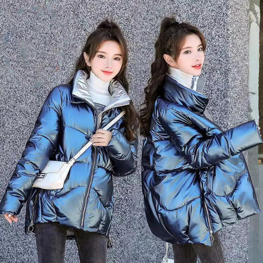 Glossy Short Women's Down Jacket Winter Korean Style Loose Cotton Clothes Casual Stand-collar Cotton Jacket