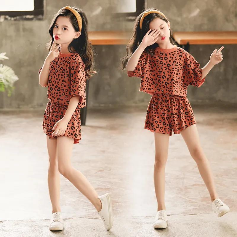 Girls' Summer Suits Leopard Print Middle and Large Children's Clothes T-shirts, Shorts Cotton Two-piece Student Suits