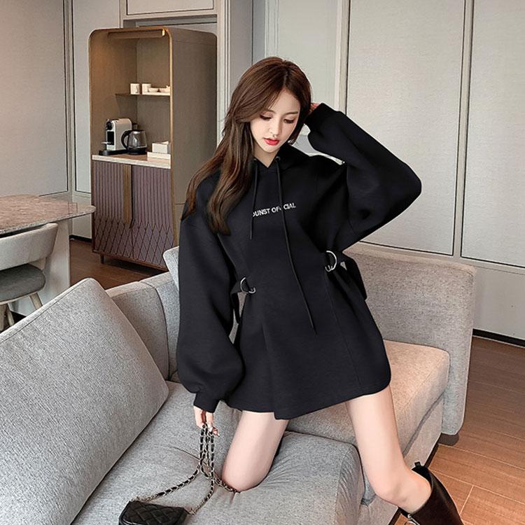 Women's Spring and Autumn Large Size Hooded Sweater Mid-Length Lace-Up Design Top Long Sleeve Pullover Sweater Dress