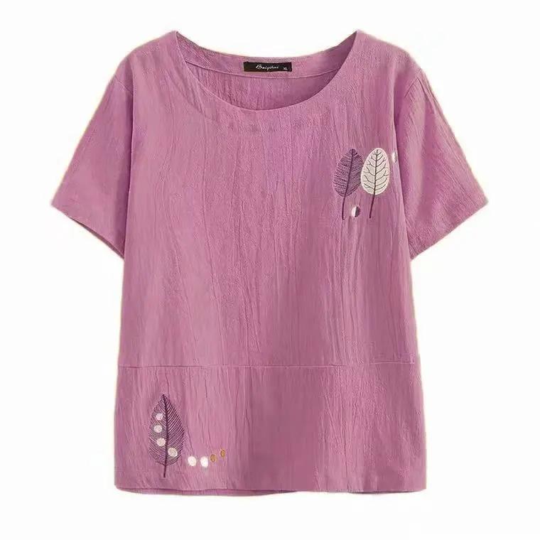Cotton T-shirt Summer Literary Short-sleeved Women's Embroidered Large Size Stitching All-match Top