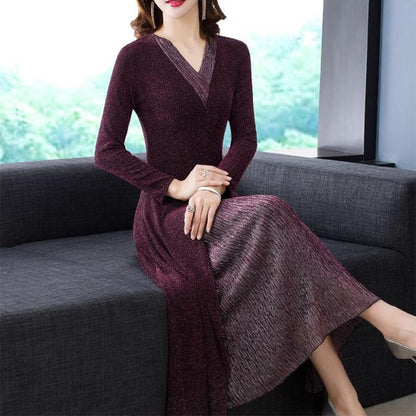 Temperament High-end Fake Two-piece Slim Waist Slim Plus Size Dress Cheongsam Long-sleeved Split Long Skirt Sequins