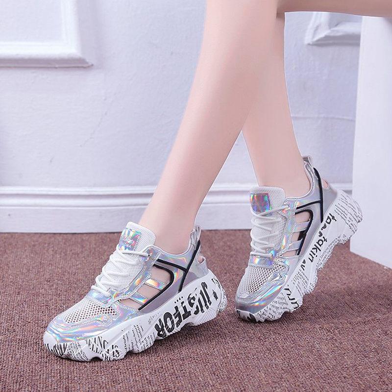 Spring  Summer Net Shoes Women's Wild Casual Breathable Sports Shoes Thick-soled Increased Shoes Non-slip Lace Running Shoes