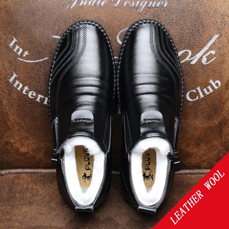 Winter Leather Cowhide High-top Cotton Shoes Men Plus Velvet Warm Leather Shoes Wool Lining Shoes