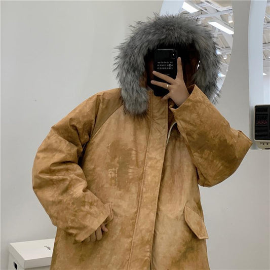 Tie-dyed Cotton Jacket Men's Winter Thick Down Cotton Jacket Korean Style Trend Loose Hooded Big Fur Collar Youth Cotton Jacket