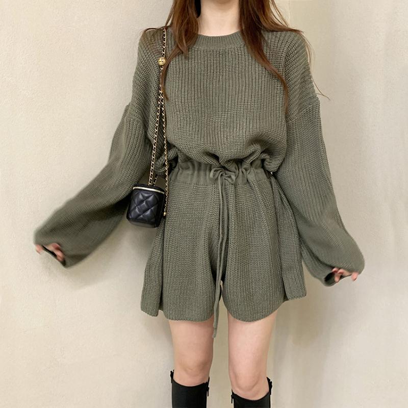 Sweater Jumpsuit Women Casual Playsuits Drawstring Waist Long-sleeved Knitted Wide-leg Jumpsuit Korean Loose Rompers Overalls