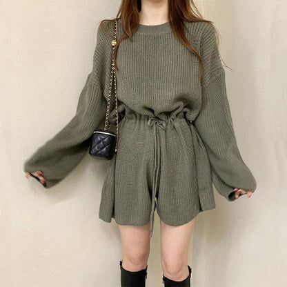 Sweater Jumpsuit Women Casual Playsuits Drawstring Waist Long-sleeved Knitted Wide-leg Jumpsuit Korean Loose Rompers Overalls