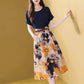 Round Neck Short-sleeved T-shirt Chiffon Floral Skirt Suit Summer Simple Two-piece Set Printed Skirt A-line Skirt Large Hem Solid Color Top with Belt