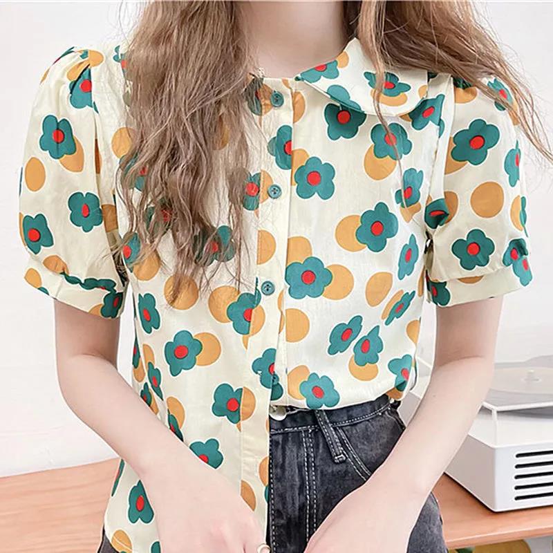Short Sleeve T-shirt Women's Summer Loose Doll Collar Printed All-match Top