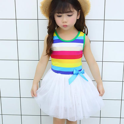 Girls Kids Rainbow Striped Tutu Dress Princess Sleeveless Mesh Dresses Summer Casual