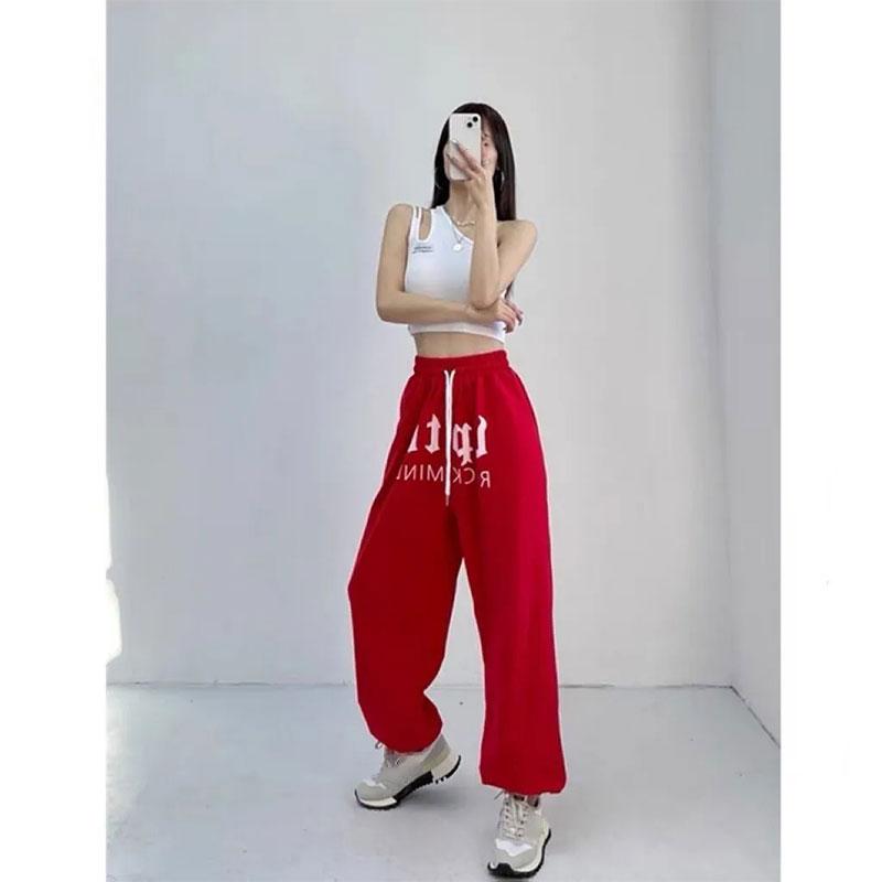Women's High Waist Hip Hop Jazz Sports Pants Red Casual Leggings Hip-hop Alphabet Wide Leg Sweatpants