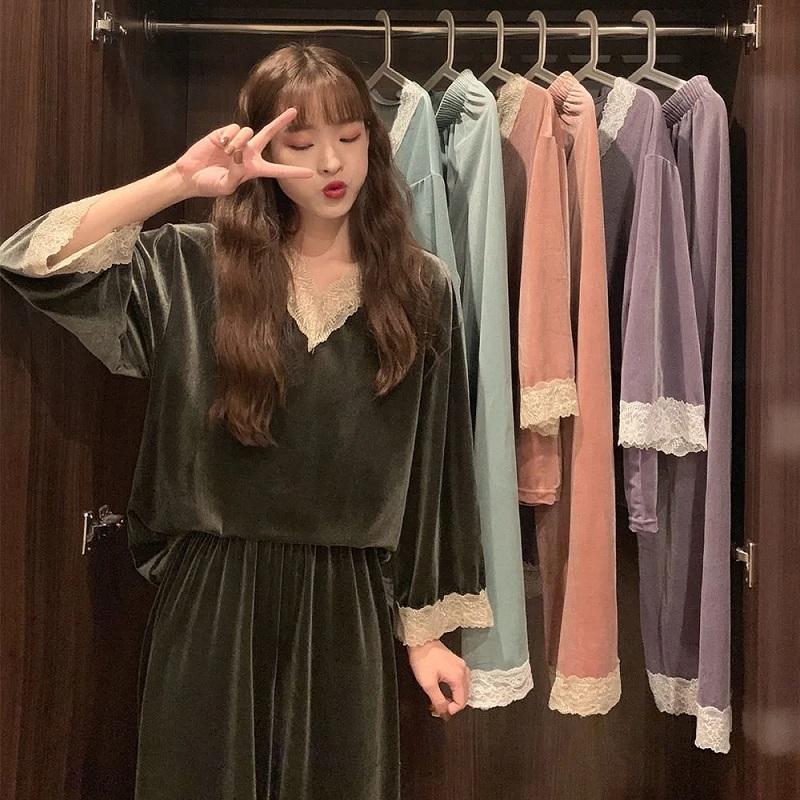 Women's Spring Autumn Lace Long-sleeved Pajamas Suit Winter Velvet Sexy Pyjamas Loose Comfortable Skin-friendly Homewear Breathable Sleeping Suit