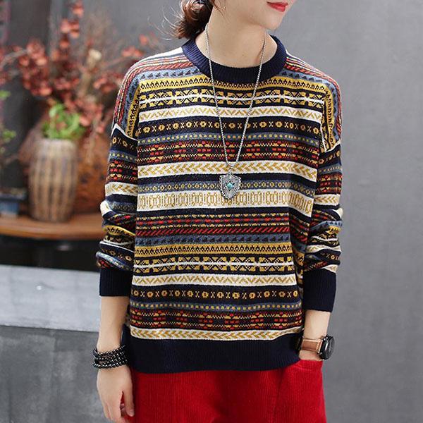 Round Neck Sweater Women Ethnic Style Vintage Thick Warm Knitted Sweater Loose Large Size Pullover Sweater Autumn and Winter