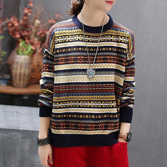 Round Neck Sweater Women Ethnic Style Vintage Thick Warm Knitted Sweater Loose Large Size Pullover Sweater Autumn and Winter
