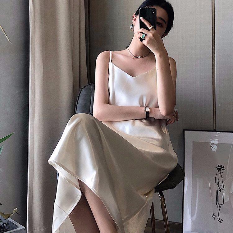 Women's Mid-length Slim Base Sleeveless Dress Pure Color Sexy Shiny Premium Texture Satin Silky Suspender Skirt