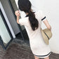 Female Simple and Elegant V-neck Splicing Knitted Dress Slim Gentle Short Sleeve Hip Wrap Short Holiday Dress