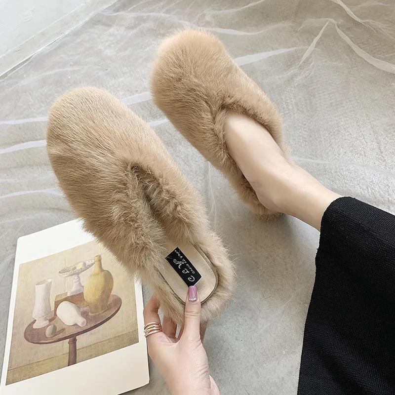 Women's Autumn and Winter Furry Fashion Cotton Slippers with Slippers Indoor and Outdoor Casual Flat Shoes Soft Shoes