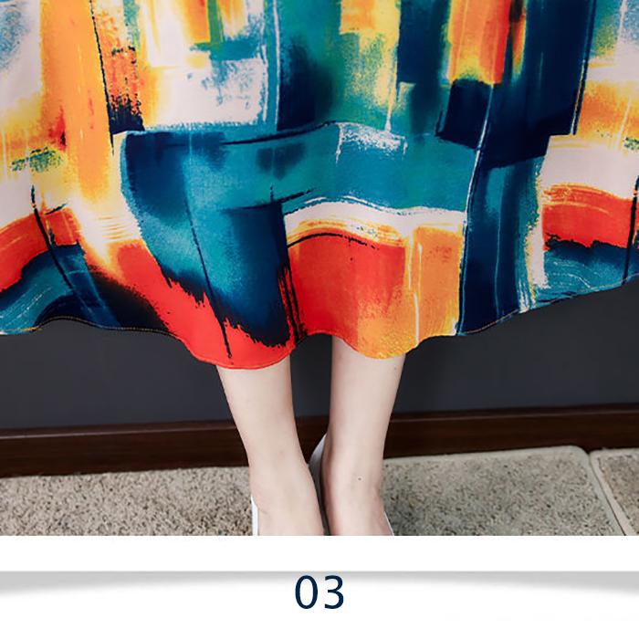M-XXXXL Summer Ethnic Print Satin Fabric Dress Round Neck Mom Loose Slim Mid-length Vest Skirt Daily