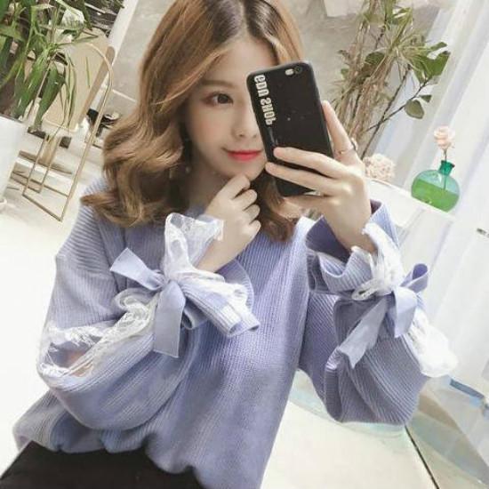 Pofulove Women Crew Neck Lace Bow Cuffs Base Knitwear Chic Skin-friendly Loose Girly Jumper Sweater