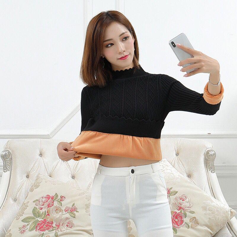 Pofulove Half Turtleneck Pullover Sweater Women Short Winter Plus Velvet Thick Bottoming Shirt