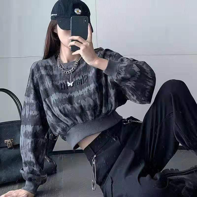 Women's Retro Tie Dye Sweater Loose Thin Lazy Style Short Long Sleeve Top Cropped Navel Statement Top Athletic Girl Pullover Dark Sweatshirt