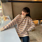 Autumn and Winter College Style Striped Round Neck Sweater Female Students Loose and Thin Mid-length Sweater Coat