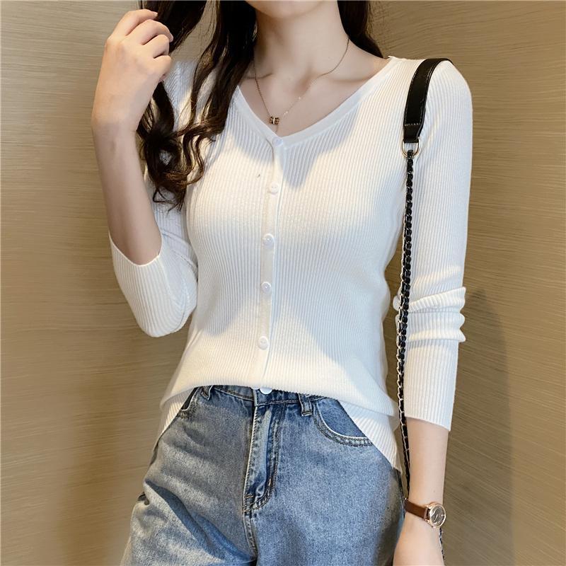 Spring and Autumn Fake Cardigan Thin Sweater Women's Knitwear Slim All-match V-neck Bottom Shirt Long Sleeve Top