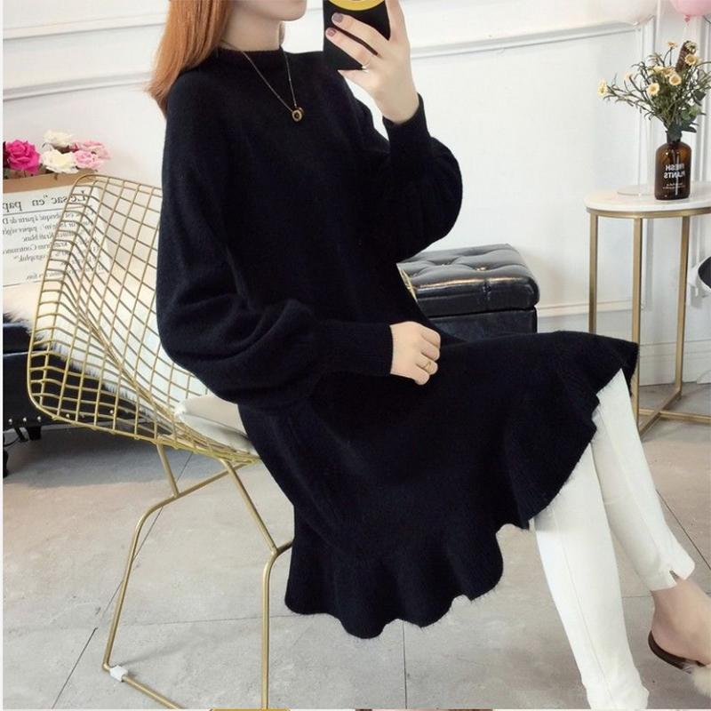 Spring and Autumn Maternity Clothes Long Sleeve Dress Mid-length  Loose Plus Size Round Neck Knitted Skirt