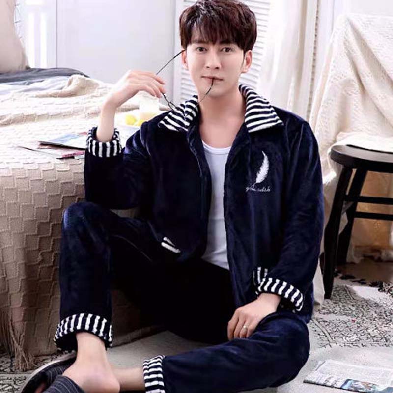 Men's Pajamas Winter Coral Velvet Thickened Plus Velvet Plus Size Youth Cardigan Home Service Suit