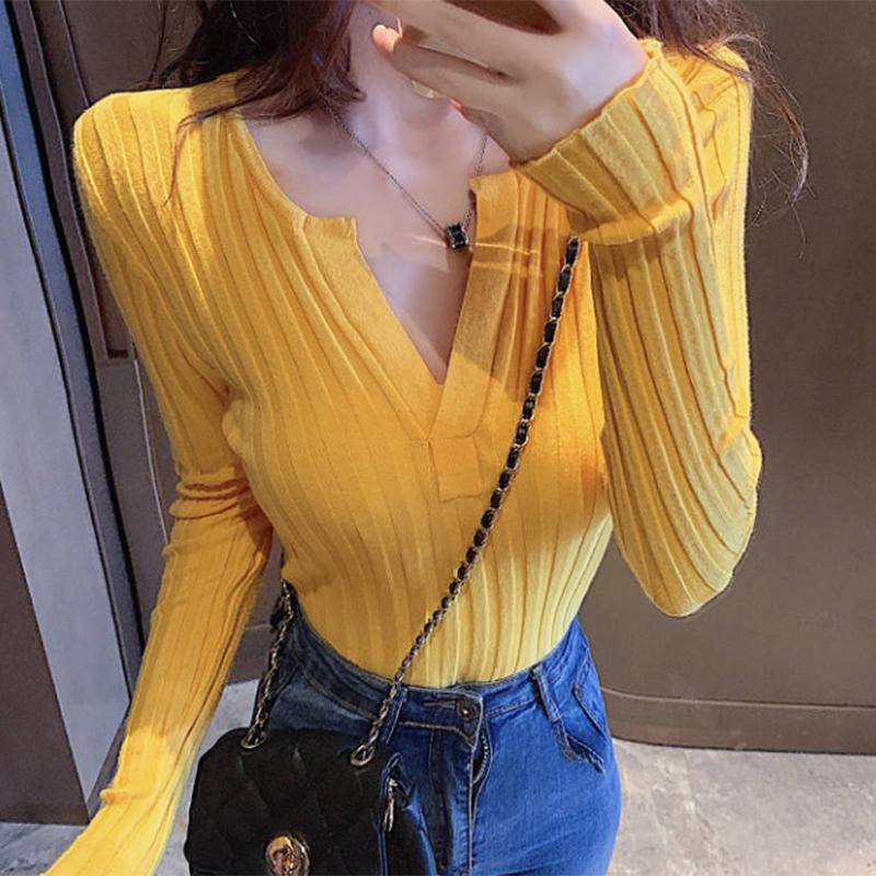 Pofulove fashion sexy V-neck sweater women autumn and winter solid color long-sleeved shirt
