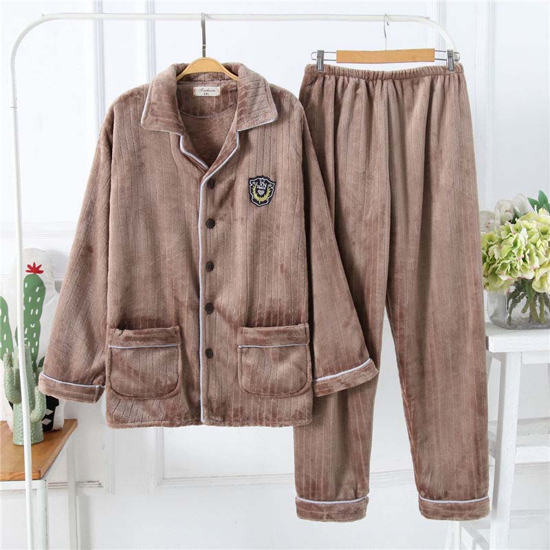 Autumn and Winter Middle-aged and Elderly Coral Fleece Men's Pajamas Thickened Plus Fleece Warm Home Service Suit
