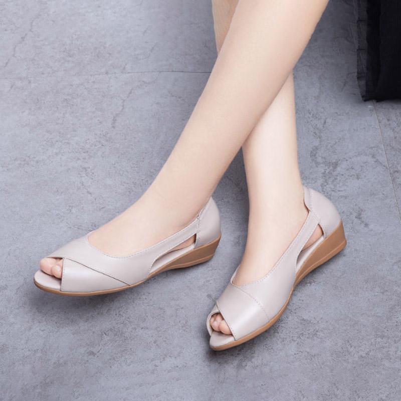 Summer Soft Leather Sandals Women's Tendon Bottom Wedge Sandals Soft Bottom Comfortable Beach Fish Mouth Shoes
