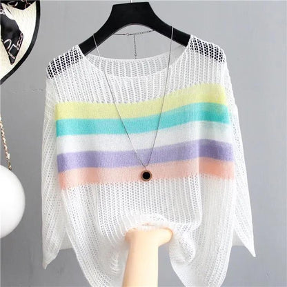 Spring and Summer Hollow Knitted Sunscreen Jacket Top Women's Loose Thin Color Stripes