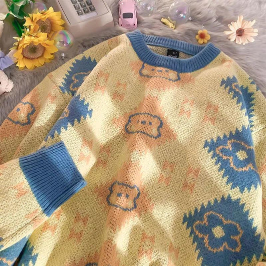 Bear Knitted Round Neck Pullover Lazy Wind Sweater Loose Korean Version Mid-Length Long-Sleeve Knitted Sweater for Women