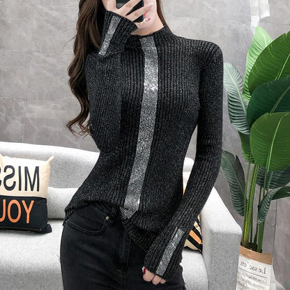 Pofulove Rhinestone Thick Pullover Sweater Women Winter Bottoming Shirt Tops Turtleneck Sweaters