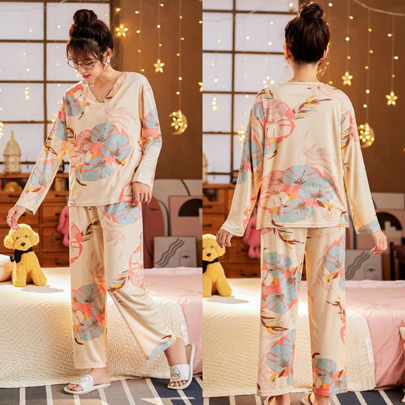 Women's Long-sleeved Floral Printing V-neck Pajamas Suit Home Wear Set Spring Sweet Casual Large Size Loose Pajamas Two-piece Set