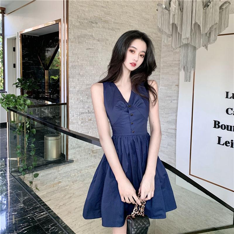 Female Simple Elegant Slim Dress Summer Vintage Sleeveless V-neck Graceful Party A-line Dress