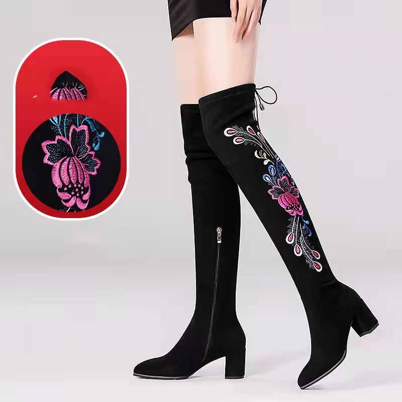 Children's Over-the-knee Boots, Ethnic Embroidery Boots, Thick-heeled Round-toe Elastic Suede Boots
