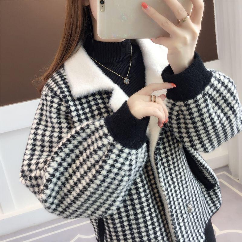 Autumn and Winter Knitted Cardigan Long Sleeve Lapel Loose Sweater Korean Fashion Plaid Jacket
